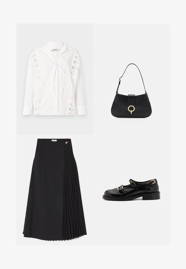 Witte katoenen shirt met een wikkelontwerp aan de voorkant, kantdetails aan de zijkanten, lange mouwen en een kraag. Touwtjes in de taille.; Zwarte midi-rok met een geplooid ontwerp aan één kant, gemaakt van lichtgewicht stof met een verborgen ritssluiting en zijzakken.; Zwarte leren schoenen met brogue-details, voorzien van twee gespsluitingen, een ronde neus en een lage hak. Glad oppervlak met een glanzende afwerking.; Zwarte leren handtas met een gebogen silhoutte, korte schouderband, centrale goudkleurige hardware en een gladde textuur. Geen zichtbare patronen of accenten.