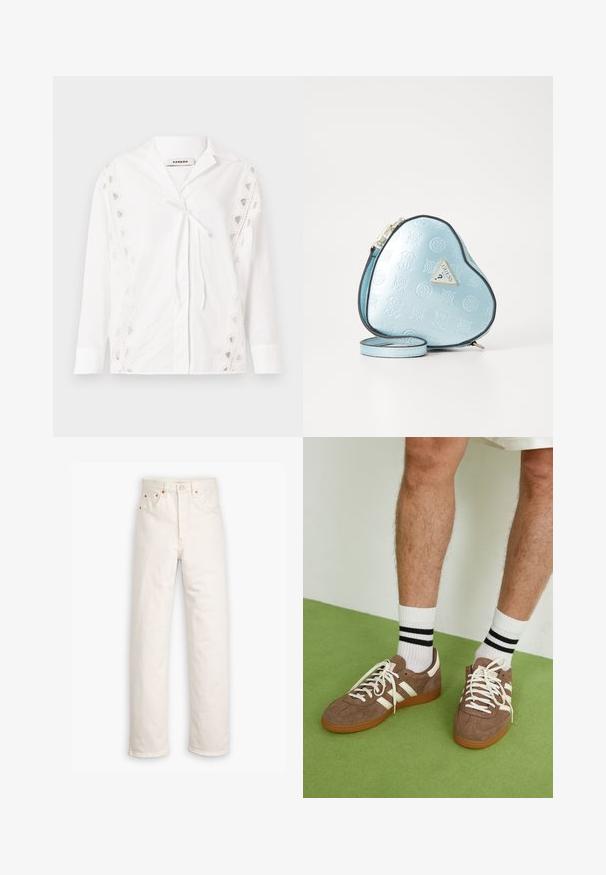 Weißes Hemd aus Baumwolle mit einem Wickeldesign, Spitzenverzierungen an den Seiten, langen Ärmeln und einem Kragen. Bindeband in der Taille.; Weiße Denim-Jeans mit geradem Bein, im Fünf-Taschen-Stil und mit kupferfarbenen Hardware-Details. Rohschnitt an den Knöcheln.; Braune Wildleder-Sneaker mit weißen Akzenten und Schnürsenkeln. Gummisohle in Kautschuk-Optik. Getragen mit weißen Socken, die schwarze Streifen haben. Grüner strukturierter Fußboden.; Herztaschen in hellem Blau aus geprägtem Material, mit schwarzem Besatz und einer Logo-Plakette in Goldfarbe. Abnehmbarer Schultergurt inklusive.