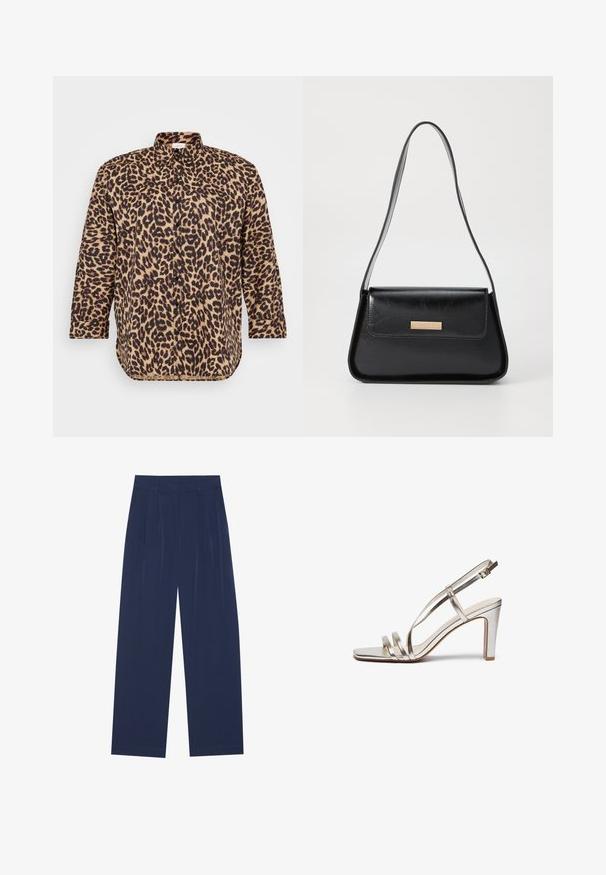 Camisa de botão em padrão de leopardo nas cores castanho e preto, com colarinho clássico, mangas longas e um corte descontraído com um hem ligeiramente curvado.; Calças largas azul-marinho feitas de um tecido suave, com plissados frontais, uma textura lisa e um corte recto sem bolsos visíveis.; Sandal de salto alto prateado metálico com biqueira aberta, apresentando três tiras finas sobre o pé e uma tira no tornozelo com fivela.; Bolsa de couro preta com uma forma triangular estruturada, alça fina e metalização dourada, apresentando uma placa de logotipo no flap frontal.