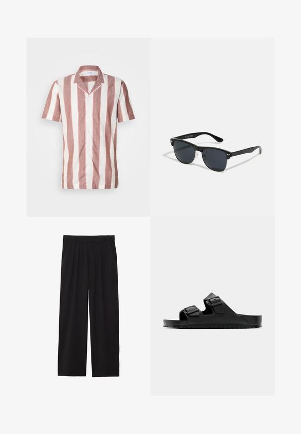 Lyhythihainen paita, joka on valmistettu kevyestä kankaasta ja jossa on leveät pystysuorat raidat vaaleanpunaisena ja valkoisena. Paidassa on kaulus ja etupainikkeet.; Mustat väljät housut, joissa on laskostettu etuosa, sivutaskut ja sileä kankaan rakenne. Suunniteltu rentoa istuvuutta varten.; Musta sandaalit, joissa on kaksi säädettävää hihnaa, valmistettu synteettisestä materiaalista. Varusteena teksturoitu pohja ja kestävä kumipohja, jossa on pito.; Mustat aurinkolasit, joilla on suorakulmainen muoto, tummat linssit, hopeiset yksityiskohdat temppeleissä ja matta pinta kehykset.