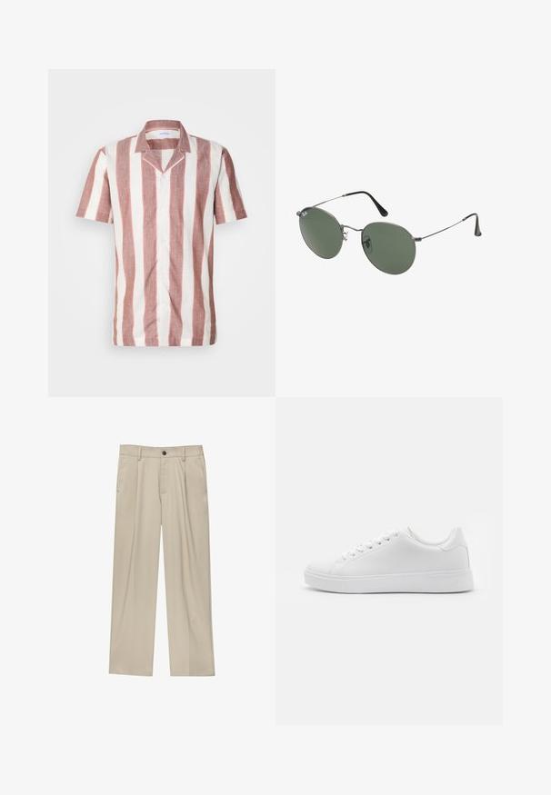Krátky rukáv košele vyrobená z ľahkej tkaniny, pričom obsahuje široké vertikálne pruhy v ružovej a bielej farbe, s golierom a prednými gombíkmi.; Béžové nohavice s rovný strihom, s jedným čiernym gombíkom, pútkami na opasok a bočnými vreckami. Hladká textúra látky a minimálny dizajn.; Biele tenisky s hladkým syntetickým zvrškom, okrúhlou špičkou, šiestimi otvormi na šnúrky a nízkoprofilovou gumovou podrážkou s textúrovanými detailmi.; Sunglass s metalovým rámom s oválnymi zelenými šošovkami. Tenký strieborný kovový rám a čierne štuple za uši. Minimalistický dizajn, bez viditeľných log.