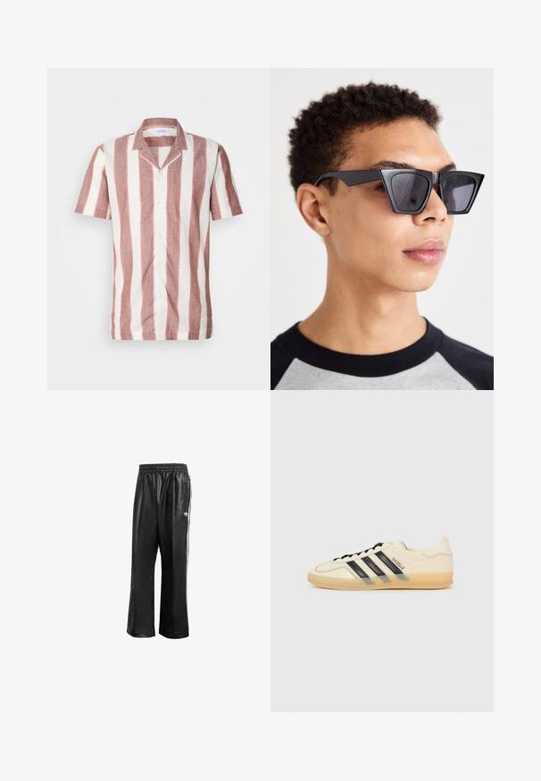 Īsām piedurknēm krekls izgatavots no viegla auduma, ar platām vertikālām svītrām rozā un baltā krāsā, ar apkakli un priekšējiem pogām.; Melnas sintētiskas sporta bikses ar elastīgu jostasvietu, ar baltām sānu svītrām un mazu baltu logo kreisajā gurnā.; Gaiši krēms sporta apavi ar melnu trīs svītru dizainu, teksturētu augšējo daļu, noapaļotu purngaliem un gumijas zoli. Iespējas ietver auklas un zīmolu sānos.; Melna leņķainu saulesbrilles ar tumšiem stikliem, ar drosmīgu ģeometrisku dizainu un matētu apdari. Valkā persona ar īsiem matiem.