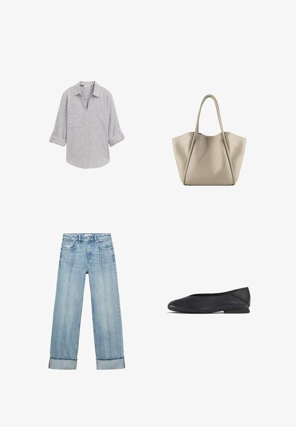 Cămașă button-up de culoare gri deschis, cu un model cu carouri, două buzunare pe piept și mâneci suflecate. Fabricată dintr-un material texturat.; Cămașă cu dungi roșii și albe, cu mâneci lungi, guler rotund și o croială lejeră. Material moale cu un model uniform de dungi.; Jeans din denim bleu deschis, cu croi larg și talie înaltă, având cinci buzunare, cusături vizibile și margini răsucite la manșete.; Pantofii din piele neagră, cu vârf rotunjit și toc mic, sunt concepuți pentru a fi purtați în stil casual sau elegant.; Geantă tote din piele bej, cu un design spațios și structurat. Dispune de două mânere lungi și detalii subtile de cusătură; fără elemente de fixare vizibile.