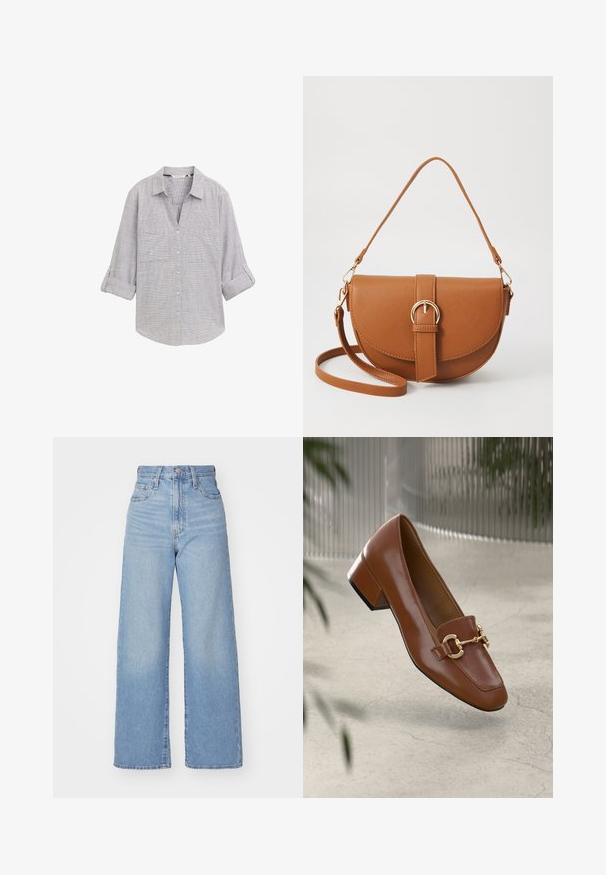 Világosszürke, kockás mintázatú ing, két mellzsebbel és felhajtott ujjal. Texturált anyagból készült.; Világoskék, magas derekú, bő szárú farmernadrág, elülső gombbal és cipzárral, elülső és hátsó zsebekkel, fehér háttérrel.; Barna lakkbőr loaferek négyzet alakú orral, fém lánc díszítéssel és alacsony blokk sarkú kialakítással; sima textúra, minimalista design.; Barna bőr keresztbody táska ívelt formával, aranyszínű fémrészekkel és csat díszítéssel. Levehető vállpánttal rendelkezik.