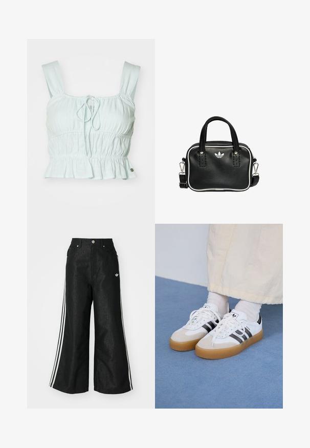 Top corto azzurro chiaro con tessuto arricciato, chiusura frontale regolabile con lacci e orlo arricciato. Presenta spalline larghe e un piccolo accento in metallo.; Pantaloni in denim neri a gamba larga con tre strisce bianche su ciascun lato e un piccolo logo bianco. Presentano tasche frontali e chiusura con bottone.; Sneakers bianche con strisce nere e accenti in suede beige. Presentano una suola in gomma texturizzata e lacci bianchi piatti, indossate con calzini di colore chiaro.; Borsa a mano in pelle nera con due manici corti, hardware argentato, dettagli bianchi e un logo bianco. Presenta una superficie strutturata e un design compatto.