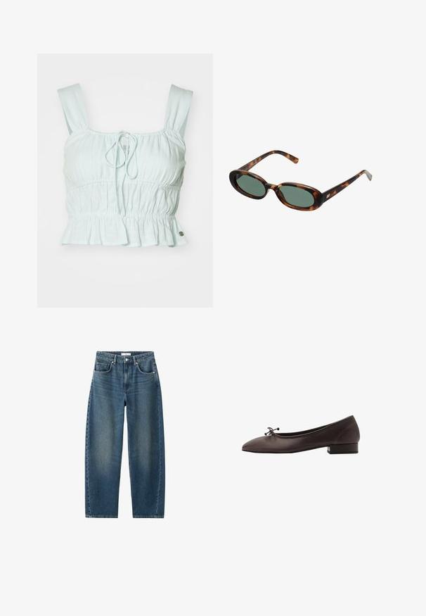 Lyseblå cropped top med samlet stof, justerbar snørre foran og flæse-hem. Har brede stropper og en lille metalaccent.; Mørkeblå denim-jeans med lige ben, fem-lomme design og klassisk knaplukning. Blød tekstur med subtil falmning.; Brune læder balletflade med rund tå og lille blokhæl. Har en tynd sløjfe foran og diskrete syningsdetaljer.; Skildpaddemønstrede solbriller med ovale stel og grønne linser. Har tynde arme med en metallisk detalje nær hængslerne.; Oliven grøn læder håndtaske med rund form, to håndtag og sømløs front. Har en glat tekstur og diskrete syninger.