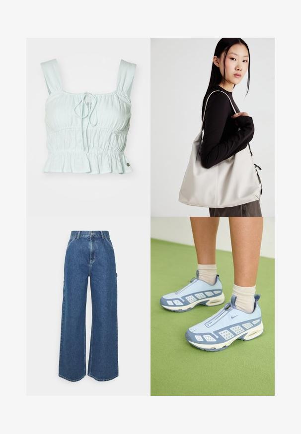 Ljusblå kort topp med rynkad tyg, justerbar knytning framtill och volangnedre kant. Har breda axelband och en liten metalldetalj.; Breda ljusblå denimbyxor med hög midja, kontrasterande sömmar och sidofickor, som har en klassisk femficksdesign och råa kanter.; Ljusblå sportskor med vita detaljer, texturerade paneler och dragkedjestängning. Har en synlig luftdämpande sula och gummiyttersula.; Beige handväska tillverkad av mjukt material, med en avslappnad design, sydda detaljer och två axelremmar. Lämplig för dagligt bruk.