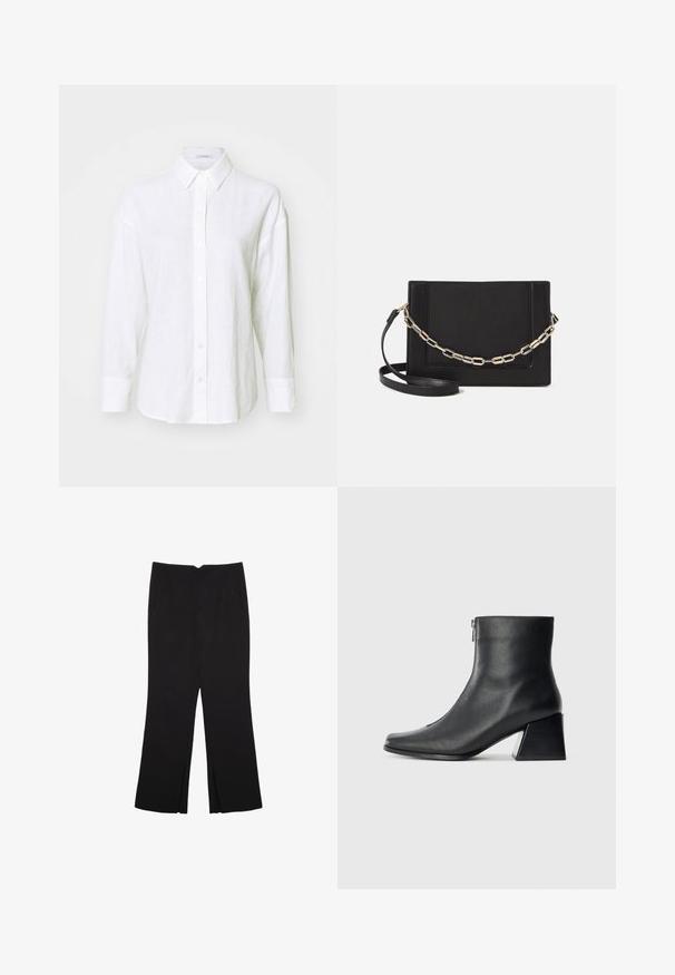 Camicia in lino bianco con colletto classico, maniche lunghe e chiusura a bottoni. Presenta una vestibilità comoda e una sottile texture su tutta la superficie.; Pantaloni neri a gamba dritta, con tasche frontali e spacchi laterali all'orlo. Realizzati in tessuto morbido e liscio. Adatti a diverse occasioni.; Stivaletto in pelle nera con punta quadrata, cerniera laterale e tacco squadrato su sfondo chiaro uniforme.; Borsa a tracolla nera in pelle con una texture liscia, forma rettangolare e dettaglio in catena metallica sul davanti. Inclusa una tracolla regolabile.