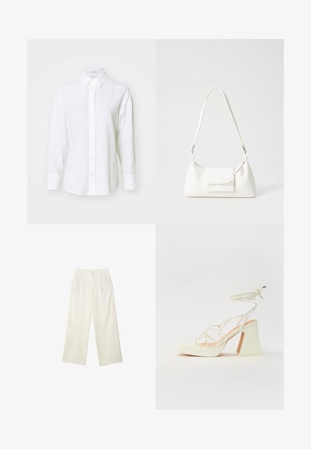 Weißes Leinenhemd mit klassischem Kragen, langen Ärmeln und Knopfleiste. Bietet eine lockere Passform und eine dezente Struktur im gesamten Stoff.; Helle Stoffhose mit weitem Bein und glatter Textur, ausgestattet mit einem einzelnen Knopf vorne, dezenten Falten und einem Hochbund-Design.; Weiße High-Heel-Sandale mit einem klobigen Absatz, die über ein Riemchendesign und ein Knöchelband verfügt. Glatte Textur mit einer Plattform vorne für zusätzliche Höhe.; Weiße synthetische Handtasche in dreieckiger Form, flache Vorderklappe und Schleifendetail, verstellbarer Trageriemen, glatte Textur und minimalistisches Design.