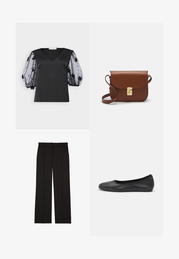 Čierny saténový top s výstrihom do V, so sieťovanými čiernymi tylovými pufkami ozdobenými kvetinovými aplikáciami a perlami.; Čierne oblekové nohavice z hladkej látky, s rovnými nohavicami a dvoma bočnými vreckami. Elegantná a minimalisticá konštrukcia.; Čierne kožené baleríny s okrúhlou špičkou, hladkým povrchom, minimálnym prešívaním a flexibilným dizajnom podrážky.; Hnedá kožená kabelka s klopou, zlatými kovovými prvkami, ramenným popruhom a hladkým povrchom. Kompaktný obdĺžnikový tvar.