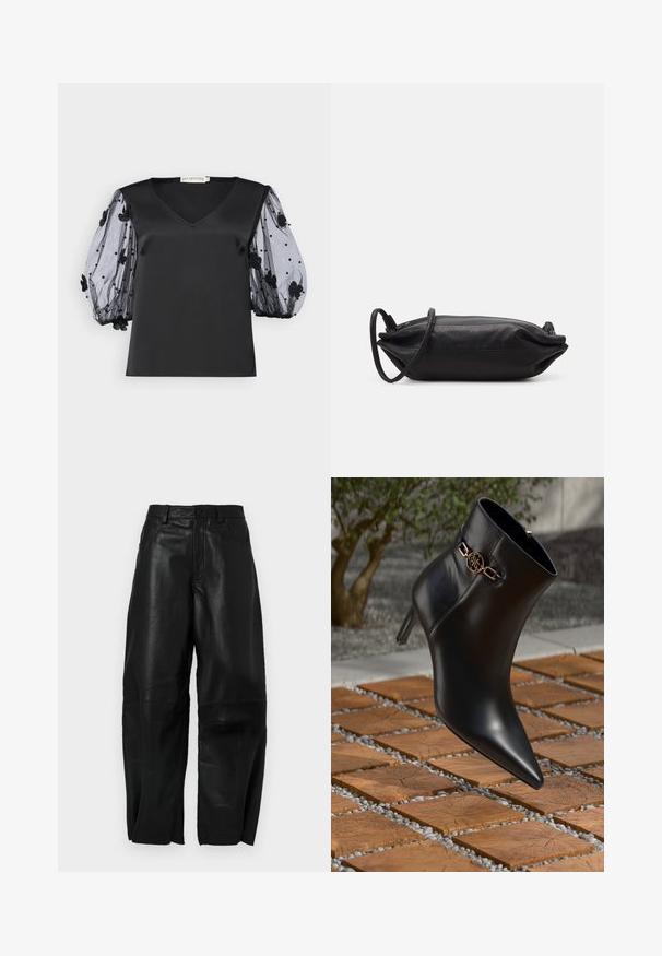 Top in satin nero con scollatura a V, dotato di maniche a palloncino in tulle nero trasparente decorate con applicazioni floreali e perline.; Pantaloni in pelle nera con vestibilità ampia, caratterizzati da un design a gamba dritta, tasche frontali e dettagli di cucitura visibili.; Stivale alla caviglia in pelle nera con punta affilata e tacco piccolo. Presenta un accento di catena dorata alla caviglia. Circondato da una superficie in pietra testurizzata.; Borsa a tracolla nera in pelle, di forma rettangolare, con una texture liscia, una sottile tracolla e un design minimalista.