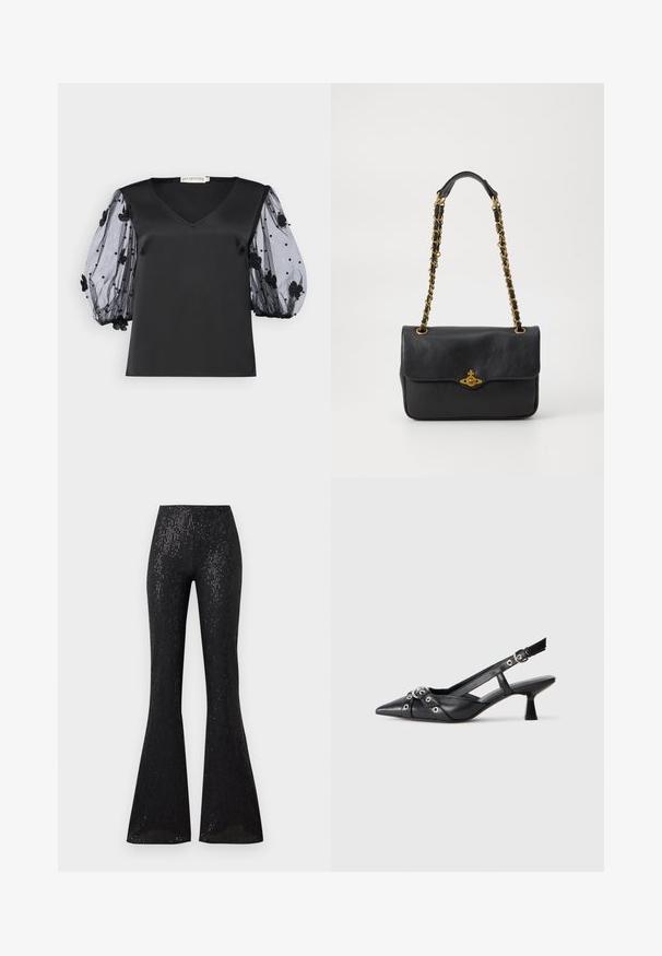 Black satin top with a V-neck, featuring sheer black tulle puff sleeves adorned with floral appliqués and beads.; Black flared pants with a textured, slightly shiny fabric featuring vertical stripes. The waistband is elasticized, enhancing comfort and fit.; Black leather slingback shoe with a pointed toe, decorative straps featuring metal eyelets, and a low block heel. Textured surface.; Black leather handbag with a fold-over flap, gold-tone chain strap, and logo hardware detail on the front. Smooth texture.