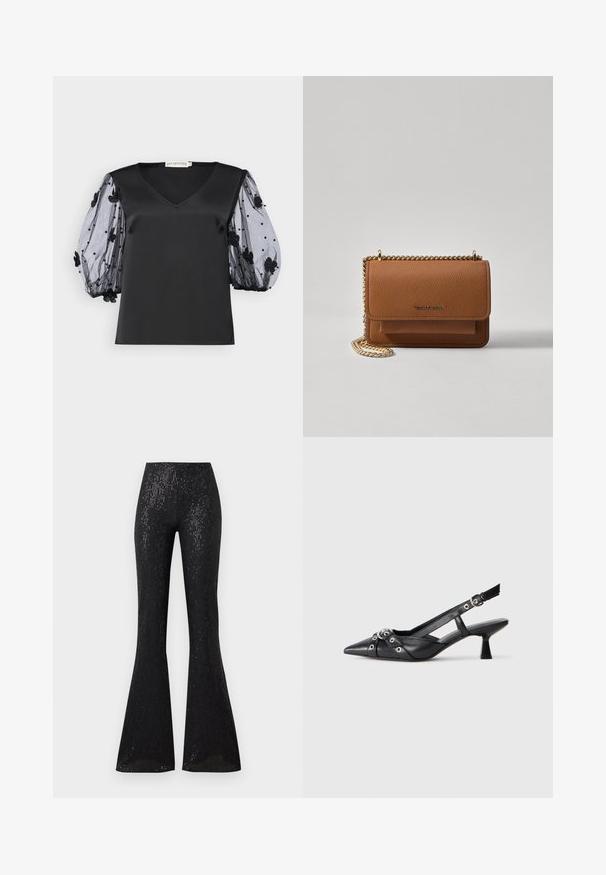 Black satin top with a V-neck, featuring sheer black tulle puff sleeves adorned with floral appliqués and beads.; Black flared pants with a textured, slightly shiny fabric featuring vertical stripes. The waistband is elasticized, enhancing comfort and fit.; Black leather slingback shoe with a pointed toe, decorative straps featuring metal eyelets, and a low block heel. Textured surface.; Brown textured leather crossbody bag with gold chain strap and flap closure. Front features logo detail and a pocket under the flap.