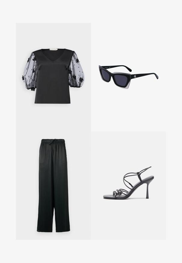 Top in satin nero con scollatura a V, dotato di maniche a palloncino in tulle nero trasparente decorate con applicazioni floreali e perline.; Pantaloni neri a gamba larga realizzati in tessuto liscio, con cintura elastica e cordino. Design semplice e minimalista.; Sandali neri con tacco alto presentano sottili cinturini con design annodato, una punta quadrata liscia e un elegante tacco a spillo.; Occhiali da sole oversize neri dalla forma geometrica, con lenti scure e un dettaglio grigio a contrasto sulla montatura. Logo sul braccio.; Orecchini in metallo argentato con forma a goccia liscia e finitura lucida. Incisioni sottili aggiungono dettagli. Design minimalista.