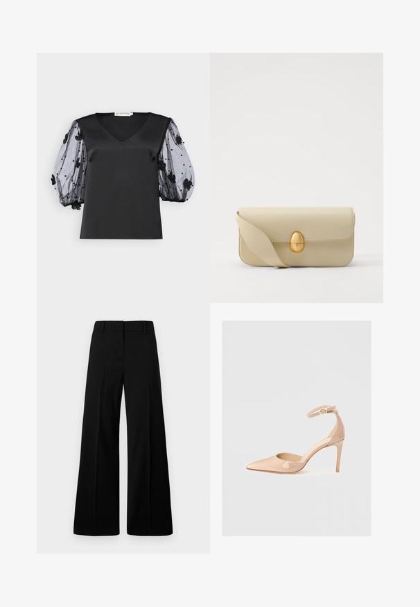 Haut en satin noir avec un décolleté en V, doté de manches bouffantes en tulle noir transparent ornées d'appliqués floraux et de perles.; Pantalons larges noirs avec une texture lisse, une taille structurée et des plis sur le devant. Design minimaliste sans quincaillerie visible.; Chaussure à talon aiguille en cuir verni nude, avec une sangle de cheville et un bout pointu, présentant une texture lisse et un design minimaliste.; Sac à main en cuir beige avec une texture lisse, de forme rectangulaire et un fermoir ovale doré. Il dispose d'une longue bandoulière réglable.