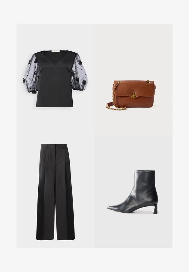 Black satin top with a V-neck, featuring sheer black tulle puff sleeves adorned with floral appliqués and beads.; Black wide-leg trousers with a high waist, featuring front pleats, a smooth texture, and a tailored finish. Designed for a relaxed fit.; Black leather ankle boot with a pointed toe and a sleek design. Features a low heel and a zipper closure at the back. Smooth texture.; Brown leather crossbody bag with a flap closure, gold hardware, and a chain strap. Smooth texture, rectangular shape, minimal detailing.
