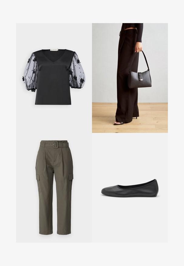 Top in satin nero con scollatura a V, dotato di maniche a palloncino in tulle nero trasparente decorate con applicazioni floreali e perline.; Pantaloni cargo verde oliva, realizzati in tessuto leggero. Le caratteristiche includono una vita con cintura, pieghe frontali e tasche laterali con chiusure a patta.; Pantofole da balletto nere in pelle con punta arrotondata, texture liscia, dettagli di cucitura minimi e design con suola flessibile.; Borsa nera con forma strutturata, texture liscia e una chiusura metallica. Abbinata a pantaloni neri larghi e sandali open-toe su un pavimento in legno.