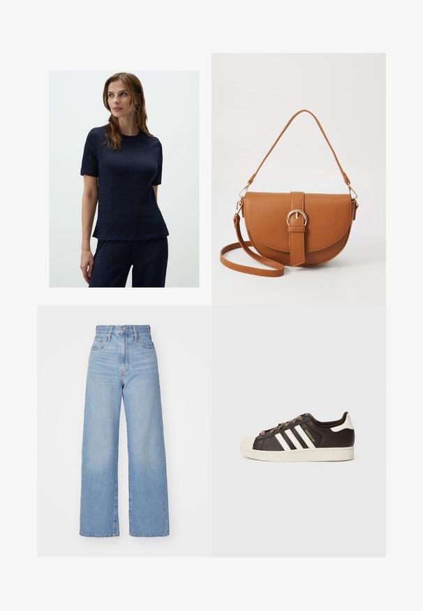 Navy-blaues strukturiertes Strickoberteil mit kurzen Ärmeln und rundem Ausschnitt, das ein dezentes geometrisches Muster und einen lockeren Schnitt aufweist.; Hellblaue High-Waist-Weite-Leg-Jeans mit Knopf- und Reißverschluss vorne, Vorder- und Rückentaschen, auf weißem Hintergrund.; Low-Top Adidas Superstar Sneaker aus dunkelbraunem Leder mit cremefarbener Schale an der Spitze, weißen Streifen und dem Schriftzug "Superstar" an der Seite.; Braune Leder-Crossbody-Tasche mit geschwungener Form, goldfarbenen Beschlägen und einer Schnallenakzentuierung. Verfügt über einen abnehmbaren Schultergurt.