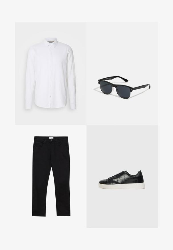 Balta ilgomis rankovėmis marškiniai, pagaminti iš lino. Turi klasikinį apykaklę, priekinę dalį su sagomis ir tiesiu apdaila.; Juodi džinsai su tiesia kojų pjaustymo dizainu, turintys priekines kišenes, užtrauktuką ir toninį siuvinėjimą, kad atrodytų vientisai.; Juodi sportiniai batai su tekstūruotu krokodilo odos pamušalu, apvalia kojų dalimi ir kontrastinga balta guma su lygiu paviršiumi.; Juodos saulės akinių su stačiakampiu rėmeliu, tamsiais lęšiais, sidabrinėmis detalėmis šventrajose ir matinio paviršiaus rėmeliu.