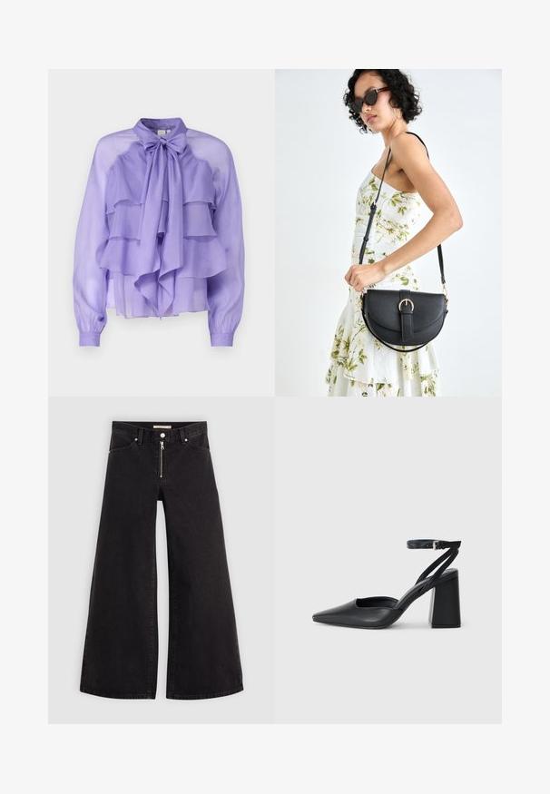 Lavandas krāsas blūze, kas izgatavota no caurspīdīgas auduma, ar kārtām rufu, garām piedurknēm un kakla siksniņu. Gluda struktūra, elegants dizains.; Platas kājas džinsi melnā džinsa audumā ar rāvējslēdzēju priekšā, piecu kabatu dizains un smalkas šuvju detaļas. Gluda tekstūra un ikdienišķs stils.; Melna ādas augstpapēžu kurpe ar norakstīto purngala formu, potītes siksniņu un masīlu papēdi. Gluda tekstūra, elegants dizains un minimālisma estētika.; Melnas ādas rokassoma ar izliekta formu, noņemamu siksnu un zelta aksesuāriem. Somai ir vāciņš ar sprādzes detaļu.