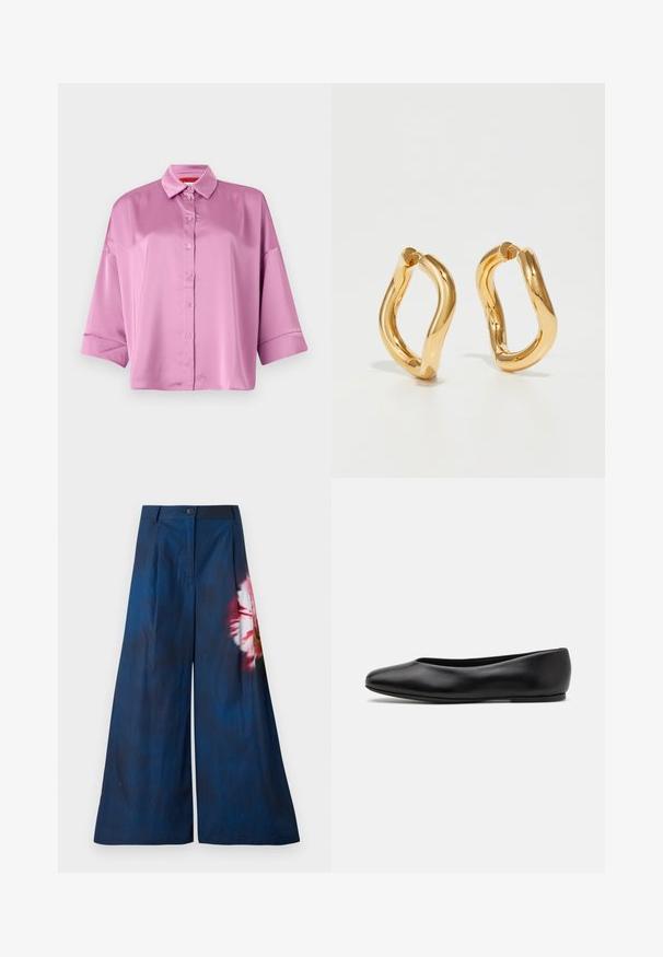 Lyserød satin skjorte med knapper, krave, afslappet pasform og oprullede ærmer, der har en glat tekstur og en subtil glans.; Breddebenede bukser i mørk marineblå stof, med et blomsterprint i pink og gul på den ene side, samt en knaplukning ved taljen.; Paul Smith TOPANGA - Ballerinasko - black; Guldfarvede hoops øreringe med en buet, uregelmæssig form og en glat, poleret overflade. Ingen synligt hardware eller dekorationer.