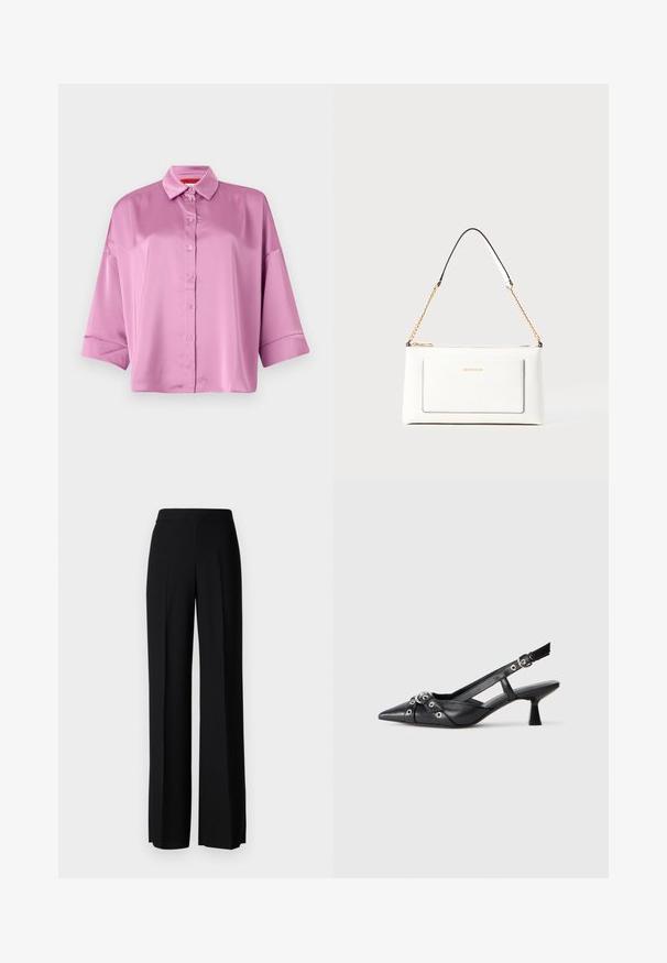 Šviesiai rožinė satino marškiniai su mygtukais, apykakle, laisvu kirpimu ir suktais rankovėmis, pasižymintys lygiu paviršiumi ir subtiliu blizgesiu.; Juodi platūs kelnių kelnės su lygiu paviršiumi, turinčios aukštą liemenį ir centrinės raukšlės. Nėra matomų raštų ar metalinių detalių.; Juodas odinis slingback tipo batai su smailiu priekiniu atvartu, dekoratyvinėmis sagtimis su metaliniais akyčiais ir žemu blokiniu kulnu. Saldus paviršius.; Balta odinė rankinė su tekstūruotu paviršiumi, turinti auksinį grandinėlės dirželį ir juodas detales. Įskaičiuota priekinė kišenė ir užtrauktuko uždarymas.