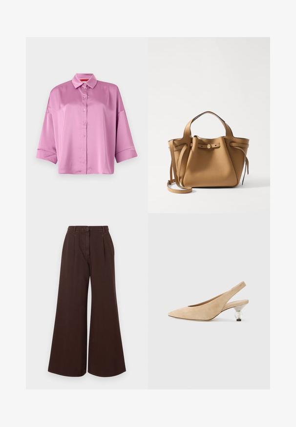 Svetloružová saténová košeľa na gombíky s golierom, voľný strih a srolované rukávy, s hladkou textúrou a jemným leskom.; Hnedé nohavice so širokými nohavicami a vysokým pásom, so zapínaním na gombík a zips, pútkami na opasok a prednými skladmi.; Béžová semišová slingback obuv s špicatou špičkou a priehľadným, zaobleným podpätkom. Hladká textúra a minimalistický dizajn.; Tory Burch ROMY PEBBLED SATCHEL - Kabelka - tiramisu