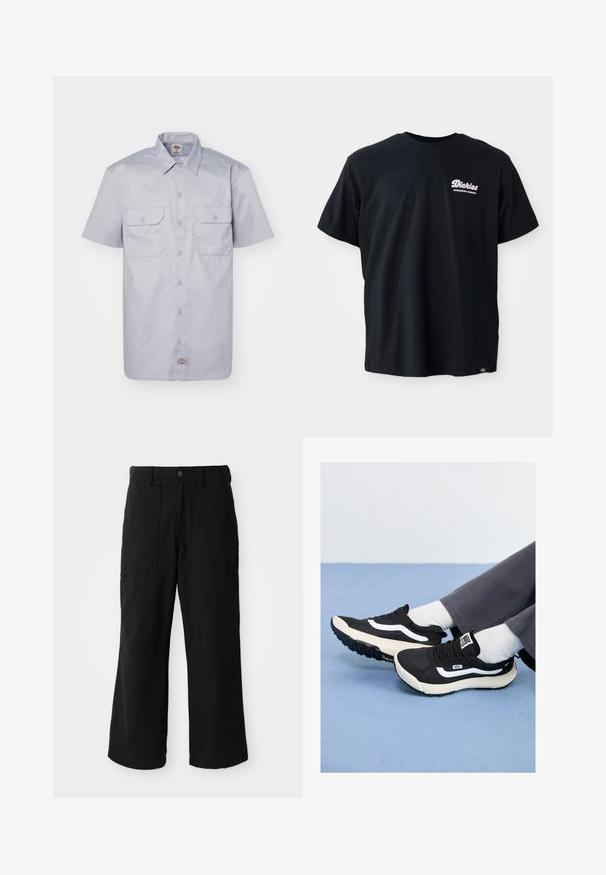 Lühikeste käistega heledashall puuvillane särk, millel on punktkrae, kaks esikotti ja nööpidega kinnitamine.; Must musta t-särk lühikeste varrukatega, ümmarguse kaelusega ja roosa logoga vasakul rinnal. Sisaldab sildi alumises vasakus ääres.; Mustad laiad mustad püksid pehmest kangast, ees taskud ja nupukinnitus taljes. Minimalistlik disain ilma nähtavate mustriteta.; Mustad mustad tossud valgete aktsentidega, võrgumaterjalist ja kummist, millel on tekstureeritud tallad ja kand. Kandmise ajal valged sokid ja hallid püksid.