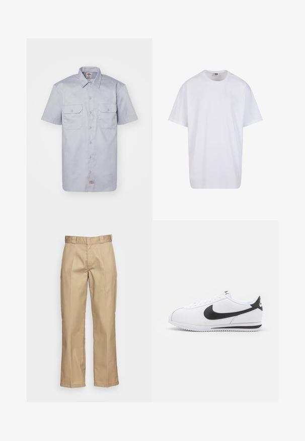 Košulja s kratkim rukavima svijetlosive boje, izrađena od pamuka, s okruglim ovratnikom, dva prednja džepa i kopčanjem na gumbe.; Bijela pamučna majica s kratkim rukavima, zaobljenim izrezom, opuštenog kroja, bez vidljivih logotipa ili uzoraka. Glatka tekstura i minimalni dizajn.; Kaki hlače ravnog kroja, izrađene od čvrstog materijala, s glatkom teksturom i dvostrukim naboraima sprijeda za dodatni detalj.; Bijele kožne tenisice s crnim Nike swoosh-om, ravne vezice i teksturirana gumena potplata. Zaobljen vrh i podstavljeni ovratnik za udobnost.
