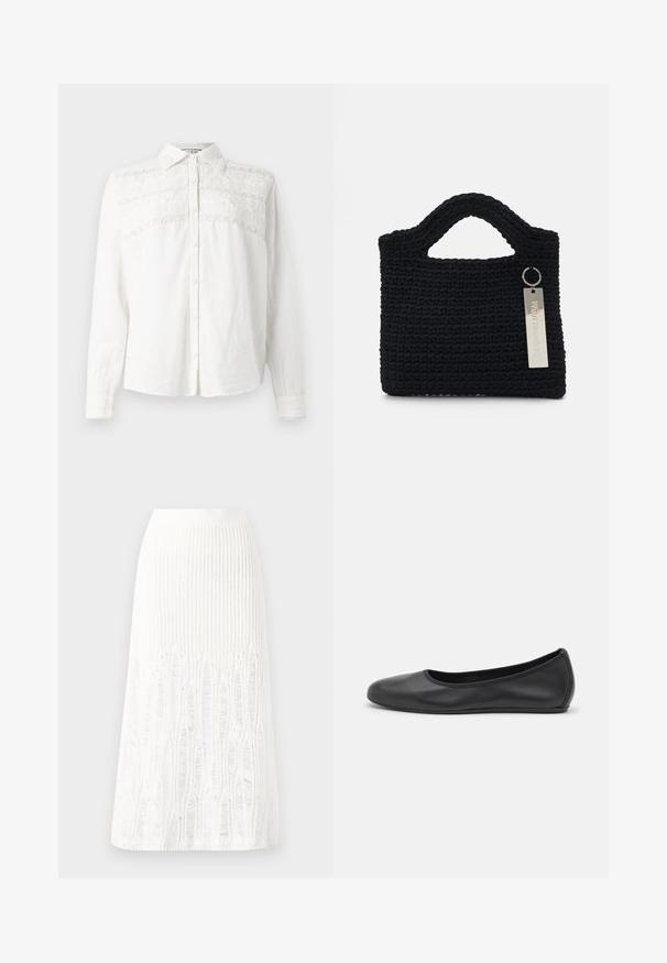 Paul & Joe ROYAN - Camicia - blanc; Gonna midi bianca in maglia con un motivo testurizzato a righe verticali e dettagli a taglio vicino all'orlo. Vita elasticizzata. Materiale morbido.; Pantofole da balletto nere in pelle con punta arrotondata, texture liscia, dettagli di cucitura minimi e design con suola flessibile.; Won Hundred MARSIELLE COMPUTER BAG UNISEX - Borsa porta PC - black
