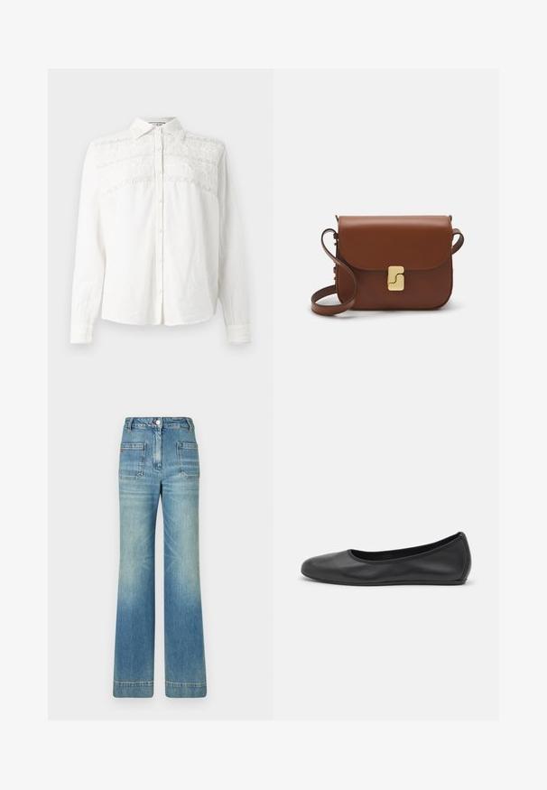 Paul & Joe ROYAN - Camicia - blanc; T-shirt bianca a maniche corte realizzata in tessuto a costine. Collo rotondo, vestibilità regolare e dettagli di cucitura sottili. Senza motivi o grafiche.; Jeans a zampa d'elefante in denim azzurro chiaro con cinque tasche, passanti per cintura, chiusura con bottone e una trama leggermente sbiadita, caratterizzati da un dettaglio con logo rosso sul retro.; Pantofole da balletto nere in pelle con punta arrotondata, texture liscia, dettagli di cucitura minimi e design con suola flessibile.; Borsa a tracolla in pelle marrone con chiusura a pattina, hardware color oro, tracolla e una finitura liscia. Forma rettangolare compatta.