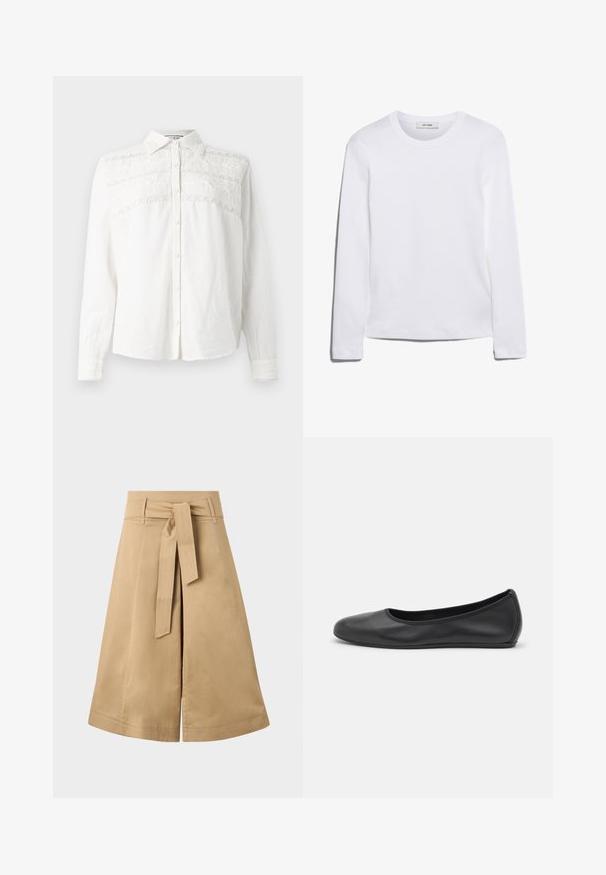 Paul & Joe ROYAN - Button-down blouse - blanc; Long-sleeve white T-shirt made of ribbed cotton, featuring a round neckline and a straight hem. Simple design with no patterns or accents.; Khaki midi wrap skirt with a tie belt, made of lightweight cotton, featuring a flared silhouette and visible stitching details.; Black leather ballet flat with a rounded toe, smooth texture, minimal stitching detail, and a flexible sole design.