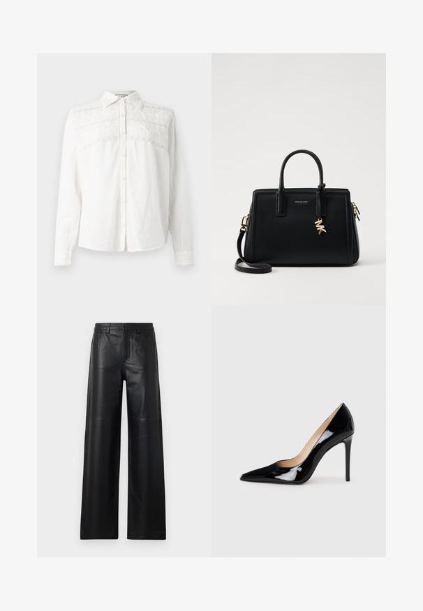 Paul & Joe ROYAN mleczny; Szerokie czarne skórzane spodnie o gładkiej fakturze, z przednimi kieszeniami, zapięciem na guzik i subtelnymi detalami szycia.; Czarne, lakierowane szpilki z ostrym noskiem i smukłą sylwetką. Charakteryzują się gładkim, błyszczącym wykończeniem oraz cienkim obcasem w stylu stiletto.; Czarna skórzana torebka o strukturalnym designie, z dwiema górnymi uchwytami, odpinanym paskiem na ramię, złotymi akcesoriami i zawieszką z logo.