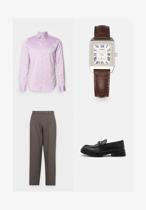 Lichtpaarse lange mouw shirt van gladde stof, met een kraag met knopen, volle voorknopsluiting en contrasterende glanzende manchetten.; Bruine polo shirt van gladde stof, met een ritskraag, korte mouwen en een getailleerde pasvorm. Geen patronen of accenten zichtbaar.; Jack & Jones JPSTBILL JJDAYTONA WIDE - Broek - pavement; Zwarte leren instapper met een ronde neus, een decoratieve band en hardware, en een chunky, gestructureerde zool. Glad afwerking met subtiele details.; Casio rechthoekige horloge met een witte wijzerplaat, gouden accenten, Romeinse cijfers en een bruine lederen band met krokodillenpatroon. Waterbestendig ontwerp.; Zilveren hoopoorbellen met grote, ronde, witte parels. Het ontwerp heeft een gladde textuur en een veilige sluiting voor bevestiging.