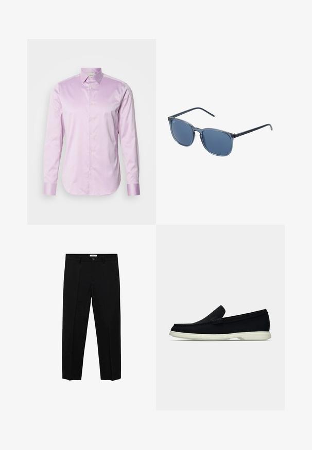 Lichtpaarse lange mouw shirt van gladde stof, met een kraag met knopen, volle voorknopsluiting en contrasterende glanzende manchetten.; Zwarte op maat gemaakte broek met een rechte pasvorm, voorzien van een enkele knoopsluiting, ceintuurlussen en voorzijden plooien. Gemaakt van een gladde stof.; Zwarte instapper met een ronde neus, voorzien van een textuur bovenwerk, gladde witte zool en subtiele merktekens aan de zijkant.; Blauwe rechthoekige zonnebril met grijs getinte lenzen, kunststof montuur, metalen accenten en een matte afwerking op de pootjes.