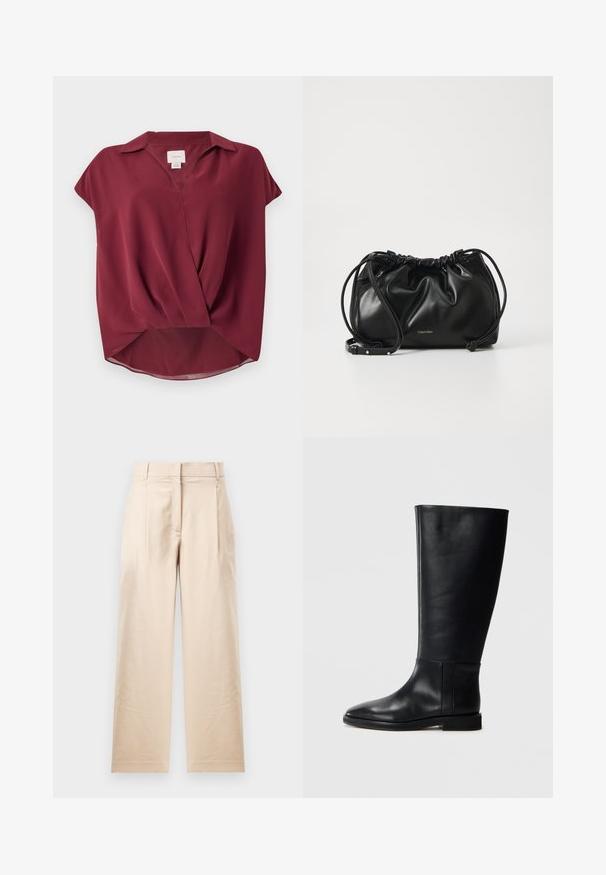 Blouse bordeaux à manches courtes, avec col, décolleté en V et design à l'avant twisté. Tissu doux avec une finition légèrement transparente.; Pantalon beige en tissu lisse. Présente une coupe droite, un devant plat et deux plis. Sans motifs visibles ni accessoires.; Botte en cuir noir, montant jusqu'au genou, avec un bout arrondi, texture lisse, design minimaliste et semelle plate. Détails de couture simples sur la tige.; Sac à main en cuir noir avec un design froncé, fermeture à double cordon et bandoulière amovible. Présente un détail de logo métallique.
