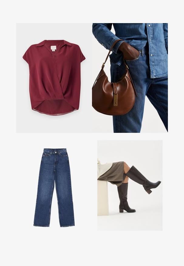 Burgundin lyhythihainen paita, jossa on kauluspaita, V-kaula-aukko ja kierretty etusuunnittelu. Pehmeä kangas, jossa on hieman läpikuultava pinta.; Korkeavyötäröiset, leveälahkeiset siniset farkut, joissa on nappikiinnitys, viisi taskua ja hieno haalistuma kankaassa.; Ruskea nahkainen polvipituiset saappaat, joissa on neliön muotoinen varvas, paksu korko ja sivuvetoketju. Luja rakenne ja kiiltävä pinta.; Ruskea nahkainen hobo laukku pyöreällä muotoilulla, jossa on kultaiset yksityiskohdat ja kontrastiväriommeltu. Yhdistetty farkkupaitaan ja farkkuihin.