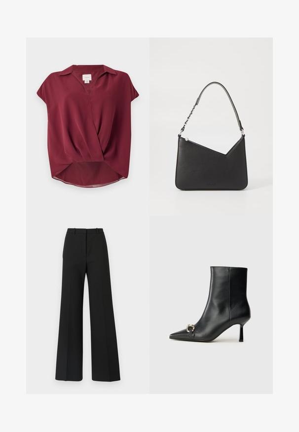 Bordo trumpa rankovė palaidinė su apykakle, V formos iškirpte ir suktos priekinės dalies dizainu. Minkšta medžiaga su šiek tiek permatomu paviršiumi.; Juodos plačių kojų kelnės su pritaikytu dizainu, pasižyminčios lygia tekstūra ir subtiliomis klostėmis priekyje. Nėra matomų detalių ar raštų.; Juodas odinis apavas iki kulkšnies su smailiu nosiu, plonu vidutinio aukščio kulnu ir sidabriniu sagties akcentu šone, prieš paprastą foną.; Juodos odos rankinė trikampio formos, su siauru dirželiu ir sidabriniais aksesuarais. Yra užtrauktuko uždarymas ir iškilmingas logotipas priekyje.