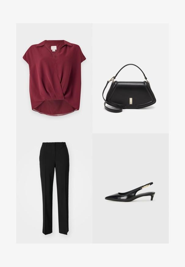 Bordeaux kortærmet bluse med krave, V-hals og snoet frontdesign. Blødt stof med en let gennemsigtig finish.; Sorte skræddersyede bukser med lige ben-design, der har en glat tekstur og skarpe folder langs fronten. Ingen synlige hardware.; Sorte læder slingback hæle med spids tå, der har en slank hæl og en guldfarvet detalje på den justerbare rem. Glat tekstur.; Sort læderhåndtaske med en struktureret design, der har en kortet form, tophåndtag og guld hardware-accenter. Justerbar skulderrem inkluderet.