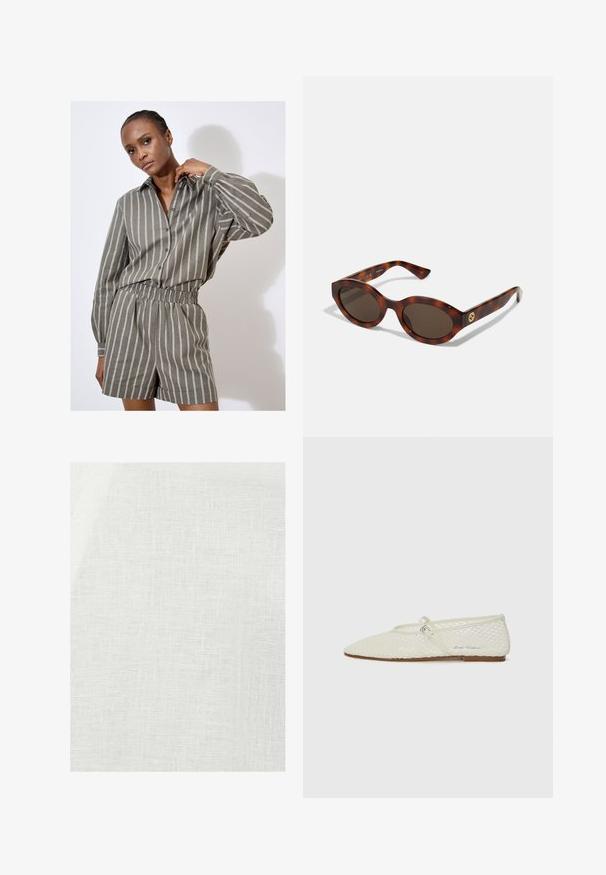 Szary, w paski zestaw koszuli i szortów w luźnym kroju. Posiada zapięcie na guziki, długie rękawy oraz elastyczny pas. Teksturowana tkanina.; Biała tkanina lniana z teksturowanym splotem, o lekko nieprzezroczystym wyglądzie i naturalnych nierównościach w całym materiale.; Jasno beżowe baleriny z siateczki z ostrym noskiem i regulowanym paskiem. Posiadają teksturowaną górę oraz brązową, płaską podeszwę.; Okulari w karmelowo-brązowym wzorze z okrągłymi oprawkami, ciemnymi soczewkami i złotymi detalami logo na zausznikach. Gładki plastikowy materiał, brak widocznych wzorów.; Brązowa torebka skórzana pleciona o luźnym, trójkątnym kształcie. Posiada pleciony uchwyt i zamek błyskawiczny na górze.