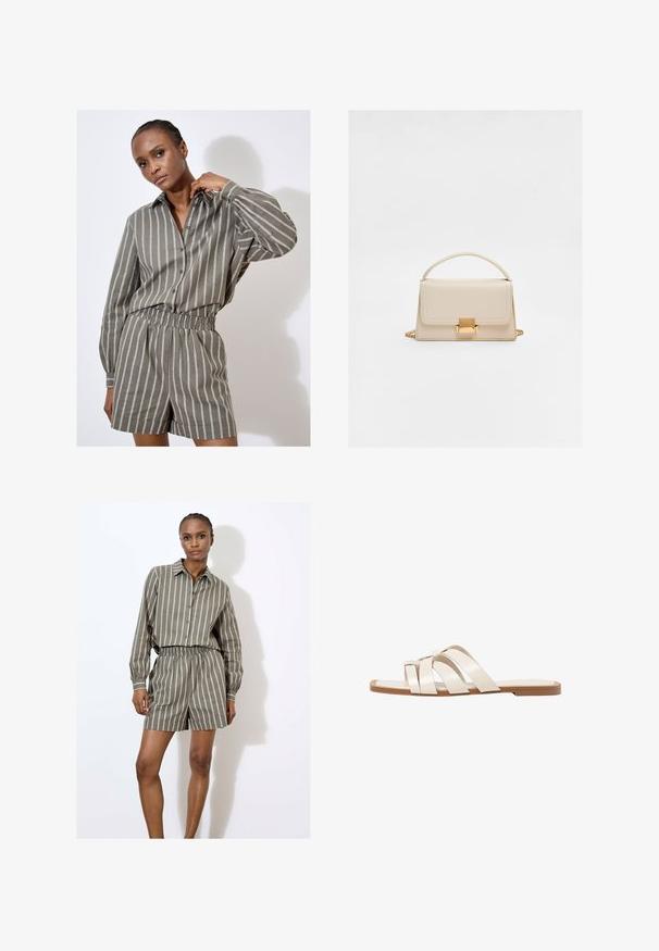Set di camicia a righe grigie e pantaloni corti abbinati in una vestibilità rilassata. Caratterizzato da chiusura a bottoni, maniche lunghe e una vita elasticizzata. Tessuto strutturato.; Camicia leggera a righe di colore verde oliva con chiusura a bottoni e pantaloni corti coordinati, dotati di un elastico in vita e vestibilità rilassata.; Infradito con suola in gomma color talpa, progettate con tre cinturini in pelle bianca sovrapposti e un piccolo dettaglio a fiocco al centro.; Borsa a tracolla in pelle beige con un design strutturato, manico superiore, tracolla a catena e chiusura in metallo dorato. Texture liscia e linee pulite.