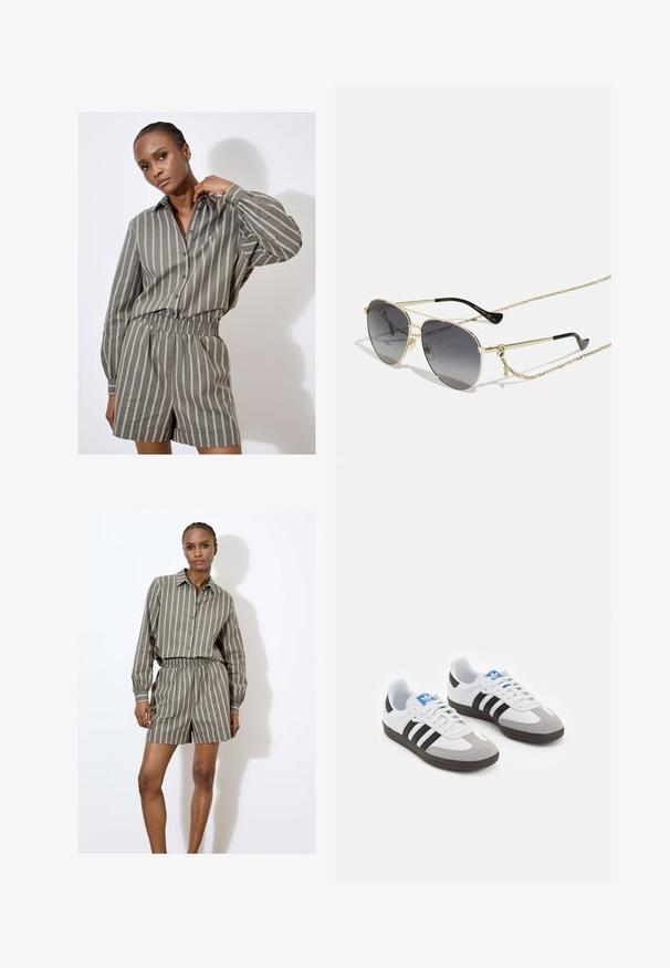 Grau gestreiftes Hemd und passender Shorts-Set in entspannter Passform. Mit Knopfverschluss, langen Ärmeln und elastischem Bund. Strukturiertem Stoff.; Gestreiftes, leichtes, olivgrünes Hemd mit Knopfverschluss und passenden Shorts, die einen elastischen Bund und eine lockere Passform haben.; Sportschuhe mit einem Obermaterial aus weißem Leder, grauer Wildleder-Zehenkappe und drei schwarzen Streifen. Sie verfügen über ein blaues Logo auf der Zunge und eine strukturierte Gummisohle.; Goldene Flieger Sonnenbrille mit dunklen Verlaufs-Gläsern, ausgestattet mit einer dekorativen Kette und einem schwarzen Gummiaufsatz an den Schläfen. Markenname auf den Brillenfassungen.