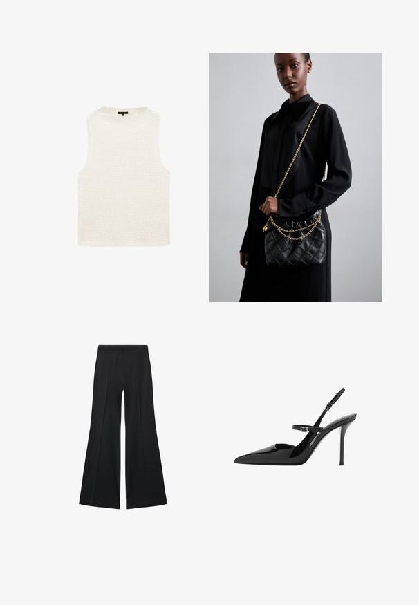Biała bezrękawnik z teksturowanym, falistym wzorem. Okrągły dekolt, luźny krój, bez widocznych elementów metalowych ani zdobień. Miękka tkanina.; Czarne spodnie o szerokich nogawkach z gładką teksturą, z przodu ozdobione zakładkami i skrojonym fasonem. Materiał jest lekki i zwiewny.; Czarne lakierowane szpilki slingback z ostrym noskiem, regulowanym paskiem i obcasem w kształcie stiletto. Gładka powierzchnia o błyszczącym wykończeniu.; Czarna pikowana skórzana torebka z marszczonym topem, złotym łańcuchem oraz prostokątnym kształtem, trzymana na jednolitym tle.