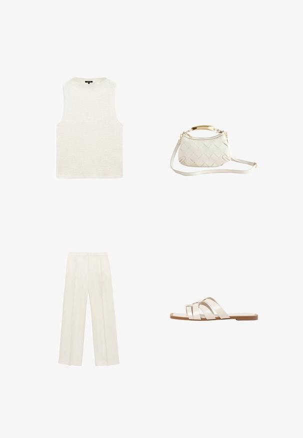 Hvid ærmeløs top med et tekstureret, bølget mønster. Rund halsudskæring, afslappet pasform og ingen synlige hardware eller detaljer. Blødt stof.; Bredbenede bukser i en lys cremefarve. Fremstillet af et glat stof med plisseringer foran og sidelommer.; Flade sandaler med en lys gummisål, designet med tre overlappende hvide læderremme og en lille sløjfe detalje i midten.; Hvid vævet læderhandbag med en guld-tone håndtag, aftagelig skulderrem og rund bund. Har en lynlåslukning på toppen.