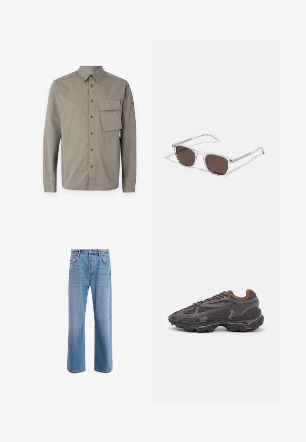 Belstaff SCALE SHIRT - Skjorte - surplus green; Lys blå denimjeans med rett ben-design, fem lommer, knappeåpning, minimal falming og kontrasterende sømdetaljer.; Lacoste-sneakers i mørkegrått med mesh- og syntetisk materiale, med en teksturert såle og brune detaljer på kragen og merket.; Klare plastikk solbriller med rektangulære brune linser, med tynne, gjennomsiktige armer og metalldetaljer på templene.