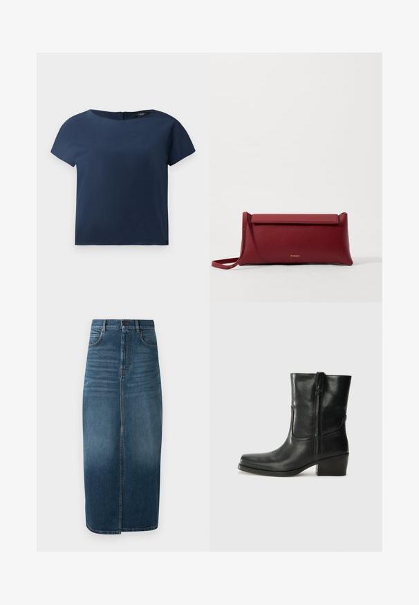 Top scurt negru marin, cu decolteu rotund, dintr-un material neted, cu o croială lejeră, având un închidere discretă pe spate cu detalii minimaliste de cusătură.; Fustă midi din denim de culoare indigo închis, cu o fante în față și un ușor efect de decolorare. Design clasic cu cinci buzunare și încheiere cu buton metalic.; Botine din piele neagră, cu vârf rotund, toc pătrat, fermoar pe lateral și accente de cusături pe partea superioară. Textură netedă, design clasic.; Geantă de mână roșie din piele cu o textură rafinată, având un capac plat pliat și o curea scurtă. Logo-ul subtil al mărcii pe față.