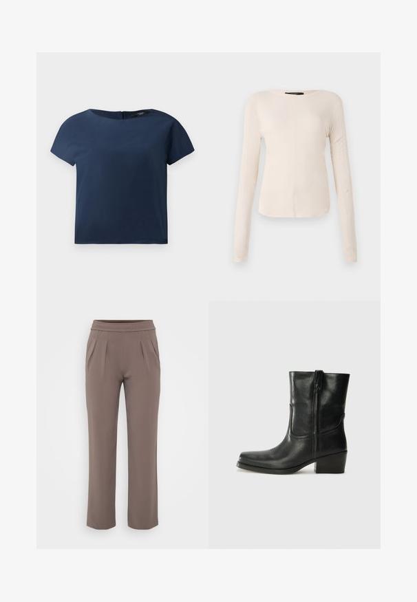 Marineblauwe top met korte mouwen, ronde halslijn, zachte stof, relaxte pasvorm, voorzien van een subtiele sluiting aan de achterkant met minimale stikseldetails.; Langsleeve, lichtbeige top met een ronde halslijn. Gemaakt van zachte stof, heeft een centrale naad en een iets gebogen rand. Geen zichtbare hardware.; Taupe losvallende broek met elastische tailleband en voorplooien, gemaakt van zachte stof.; Zwarte leren enkellaars met een ronde neus, blokhak, zijrits en stikselaccenten op de wreef. Gladde textuur, klassiek ontwerp.