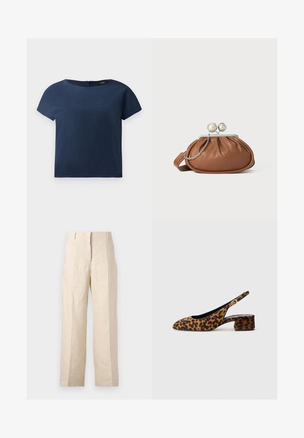 Tengerészkék, rövid ujjú felső, kerek nyakkivágással, sima anyagból, laza fit, finom hátsó záródással, minimális varrási részletekkel.; Beige len vászonnadrág laza fazonnal, plisszírozott elülső résszel és egyenes lábakkal. Jellemzője a derékpánt övhurkokkal és látható zsebek nélkül.; Női leopárdmintás, csak hátsó pánttal rendelkező cipő, alacsony tömbsarkúval és arany csattal az oldalpánton, oldalsó profilban látható, sima háttéren.; Barna bőrből készült clutch táska ezüst gömb záróval és kis ezüst lánc díszítéssel, fehér háttéren.