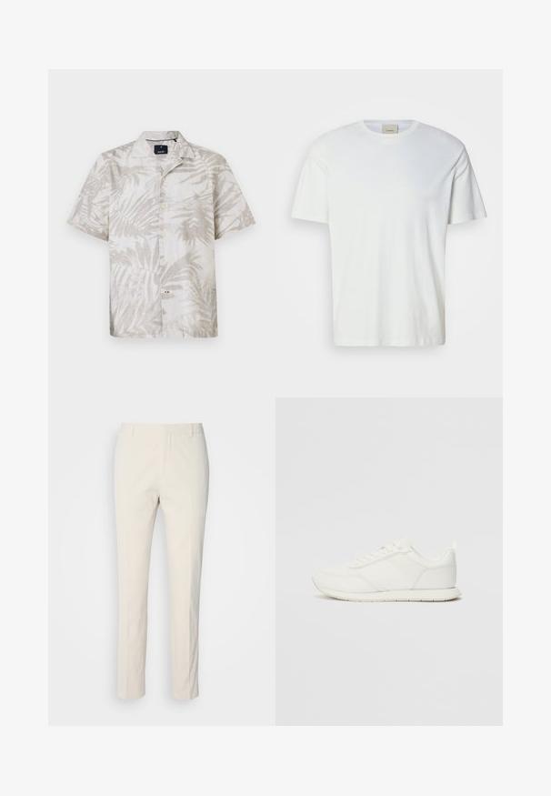 Rövid ujjú, világos bézs vászon ing pálma mintázattal, lépcsős gallérral és gombos elülső résszel. Finom levélminta a szöveten.; Sima fehér, rövid ujjú, kerek nyakú póló, az élénk Calvin Klein címkével a gallér belső részén, semleges háttéren kiemelve.; Krém színű, testhezálló nadrág, texturált anyagból. Egyenes szárú kialakítással, övhurkokkal és két elülső zsebből áll. Mintázat nélküli.; Fehér sneaker hálós és szintetikus felsőrésszel, kerek orral, lapos fűzőkkel és textúrázott oldalsávval. Gumi talp hátul húzófüllel.