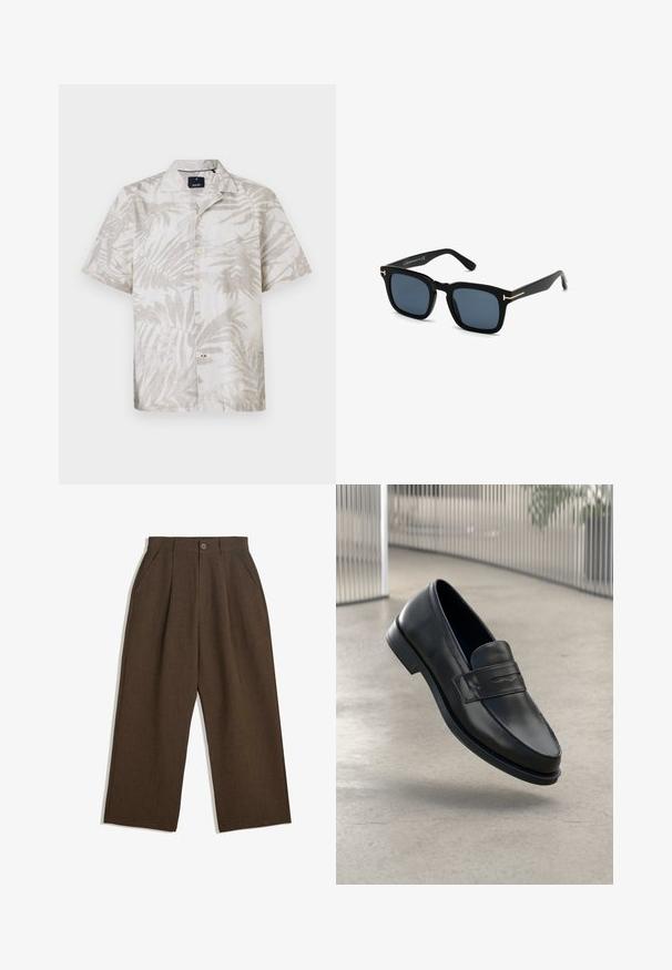 Koszula z krótkim rękawem w palmy, w jasnym beżowym lnie, z wykładanym kołnierzykiem i zapięciem na guziki. Subtelny wzór liści na całej tkaninie.; Białe bawełniane topy na ramiączkach, bez rękawów, okrągły dekolt, gładka faktura, wykonane z miękkiej, lekkiej tkaniny. Wyeksponowane dwa egzemplarze.; Brązowe spódnie z plisami w szerokim kroju, z zapięciem na guziki i bocznymi kieszeniami, wykonane z teksturowanej tkaniny, idealne na codzienne okazje.; Czarna skórzana wsuwana półbut, o gładkiej fakturze, spiczastym nosku i ozdobnym paskiem na podbiciu. Lekka podeszwa, minimalistyczny design.; Czarne kwadratowe okulary przeciwsłoneczne z ciemnymi soczewkami, matowym wykończeniem i złotymi metalowymi akcentami na zausznikach, charakteryzujące się minimalistycznym designem.